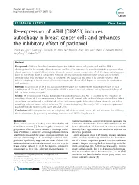 Re-Expression of ARHI (DIRAS3) Induces Autophagy in Breast Cancer Cells and Enhances the Inhibitory Effect of Paclitaxel