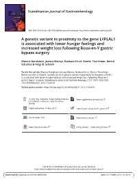 A Genetic Variant in Proximity to the Gene LYPLAL1 Is Associated with Lower Hunger Feelings and Increased Weight Loss Following Roux-En-Y Gastric Bypass Surgery
