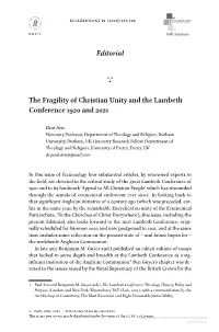 Editorial the Fragility of Christian Unity and the Lambeth Conference