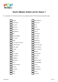 Host's Master Artist List for Game 1