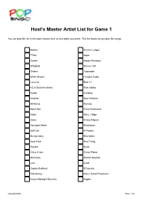 Host's Master Artist List for Game 1