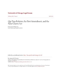 Qui Tam Relators, the First Amendment, and the False Claims Act Joshua Patrick Mahoney Joshua.Mahoney@Chicagounbound.Edu