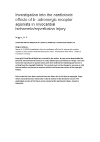 Investigation Into the Cardiotoxic Effects of B- Adrenergic Receptor Agonists in Myocardial Ischaemia/Reperfusion Injury