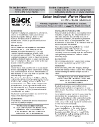 Installation and Operation Manual for Solar Indirect Water Heaters