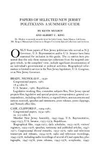 Papers of Selected New Jersey Politicians: a Summary Guide