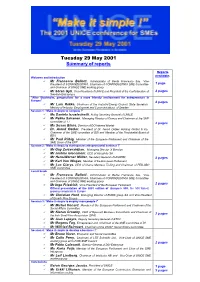 Tuesday 29 May 2001 Summary of Reports