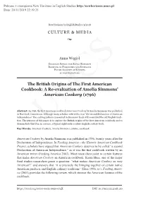 The British Origins of the First American Cookbook: a Re-Evaluation of Amelia Simmons’ American Cookery (1796)
