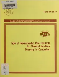 Table of Recommended Rate Constants for Chemical Reactions Occurring in Combustion
