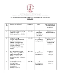 List of Colleges of Nursing for M.Sc.,(N) Course Recognised for the Academic Year 2019 - 2020