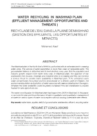WATER RECYCLING in MASHHAD PLAIN (Effluent MANAGEMENT: Opportunities and THREATS ) RECYCLAGE DE L'eau DANS LA PLAINE DE