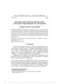 Remarks About the Square Equation. Functional Square Root of a Logarithm