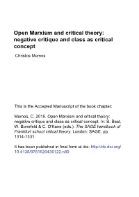 Open Marxism and Critical Theory: Negative Critique and Class As Critical Concept Christos Memos