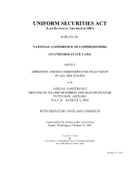 UNIFORM SECURITIES ACT (Last Revised Or Amended in 2005)