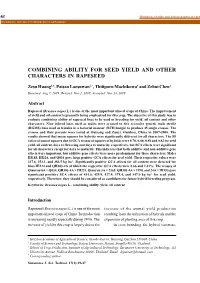 Combining Ability for Seed Yield and Other Characters in Rapeseed