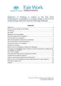 Statement of Findings in Relation to the Fair Work Ombudsman‟S Investigation of Entities Related to the Church of Scientology, Narconon and Get Off Drugs Naturally