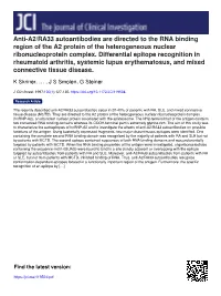 Anti-A2/RA33 Autoantibodies Are Directed to the RNA Binding Region of the A2 Protein of the Heterogeneous Nuclear Ribonucleoprotein Complex