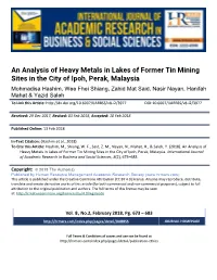 An Analysis of Heavy Metals in Lakes of Former Tin Mining Sites in the City of Ipoh, Perak, Malaysia
