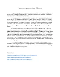 Programming Languages Research Summary