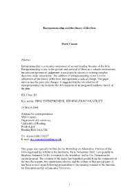1 Entrepreneurship and the Theory of the Firm Mark Casson Abstract