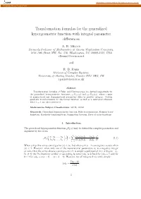 Transformation Formulas for the Generalized Hypergeometric Function with Integral Parameter Diﬀerences