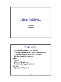 Basics of Logic Design Arithmetic Logic Unit (ALU) Today's Lecture