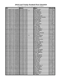 2014 Leaf Trinity Football Final Checklist (Cards Designated with "R" in the Subset Column Are Redemptions)