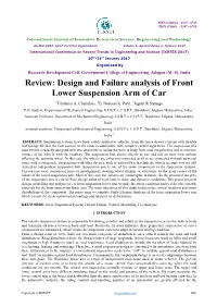 Review: Design and Failure Analysis of Front Lower Suspension Arm of Car