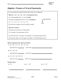 Algebra • Powers of 10 and Exponents