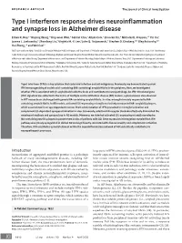 Type I Interferon Response Drives Neuroinflammation and Synapse Loss in Alzheimer Disease
