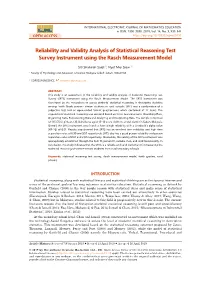 Reliability and Validity Analysis of Statistical Reasoning Test Survey Instrument Using the Rasch Measurement Model