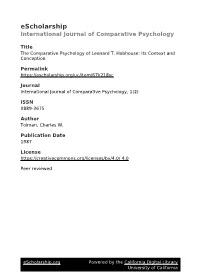 The Comparative Psychology of Leonard T Hobhouse: Its Context and Conception