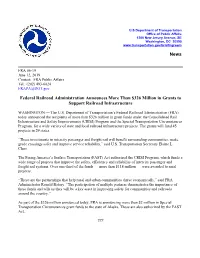 Federal Railroad Administration Announces More Than $326 Million in Grants to Support Railroad Infrastructure