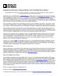 Analog Devices Becomes a Platinum Member of the Embedded Vision Alliance