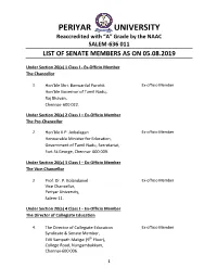 PERIYAR UNIVERSITY Reaccredited with “A” Grade by the NAAC SALEM-636 011 LIST of SENATE MEMBERS AS on 05.08.2019