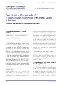 Coordination Compounds of Hexamethylenetetramine with Metal Salts: a Review Properties and Applications of a Versatile Model Ligand