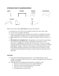 INTRODUCTION to QUADRILATERALS Square Rectangle Rhombus Parallelogram