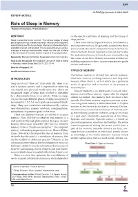 Role of Sleep in Memory 1Racheal Fernandes, 2Preeti Devnani