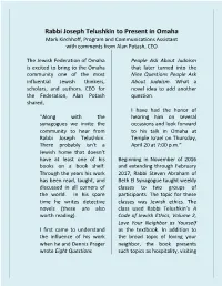 Rabbi Joseph Telushkin to Present in Omaha Mark Kirchhoff, Program and Communications Assistant with Comments from Alan Potash, CEO