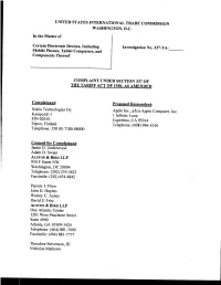 Complaint Under Section 337 of the Tariff Act of 1930, As Amended