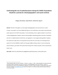 Confronting the Rise of Authoritarianism During the COVID-19 Pandemic Should Be a Priority for Critical Geographers and Social Scientists