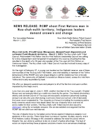 NEWS RELEASE: RCMP Shoot First Nations Man in Nuu-Chah-Nulth Territory; Indigenous Leaders Demand Answers and Change