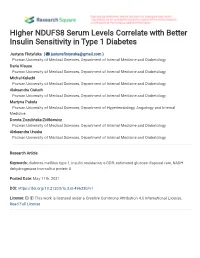 Higher NDUFS8 Serum Levels Correlate with Better Insulin Sensitivity in Type 1 Diabetes