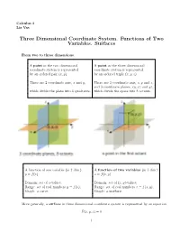 1. Three Dimensional Coordinate System. Intro to Surfaces